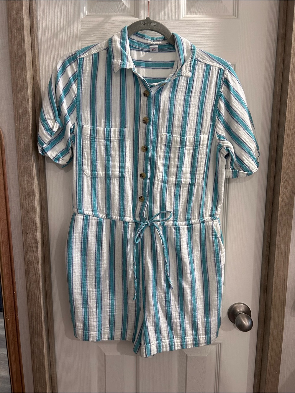 Old Navy Teal, Blue & White Striped Button-Front Romper